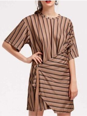 Striped Tan Short Sleeve Knot-Detail Dress